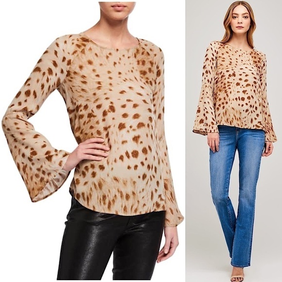 NWT L’AGENCE Silk Chiffon Watercolor Animal Print Long Bell Sleeve Relaxed Top S - Picture 4 of 16